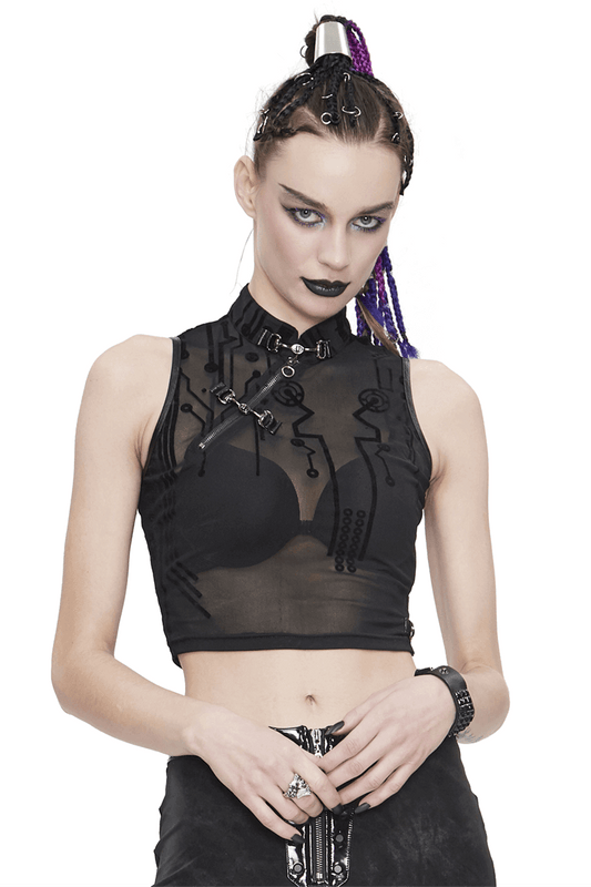 Cyberpunk Women's Sexy Transparent Crop Top with SCI-FI Flock Print