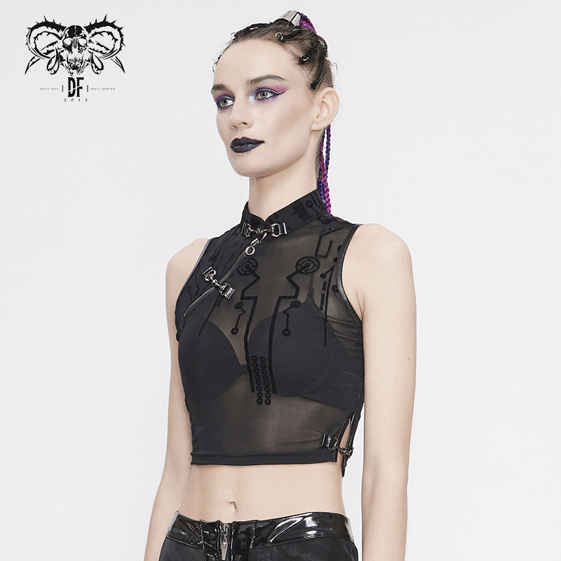 Cyberpunk Women's Sexy Transparent Crop Top with SCI-FI Flock Print