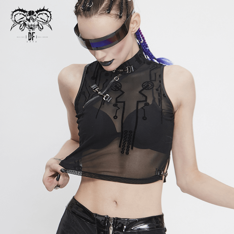 Cyberpunk Women's Sexy Transparent Crop Top with SCI-FI Flock Print