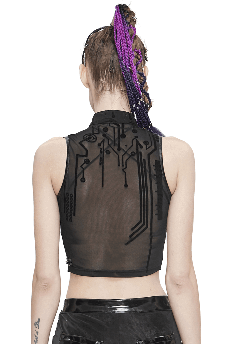 Cyberpunk Women's Sexy Transparent Crop Top with SCI-FI Flock Print