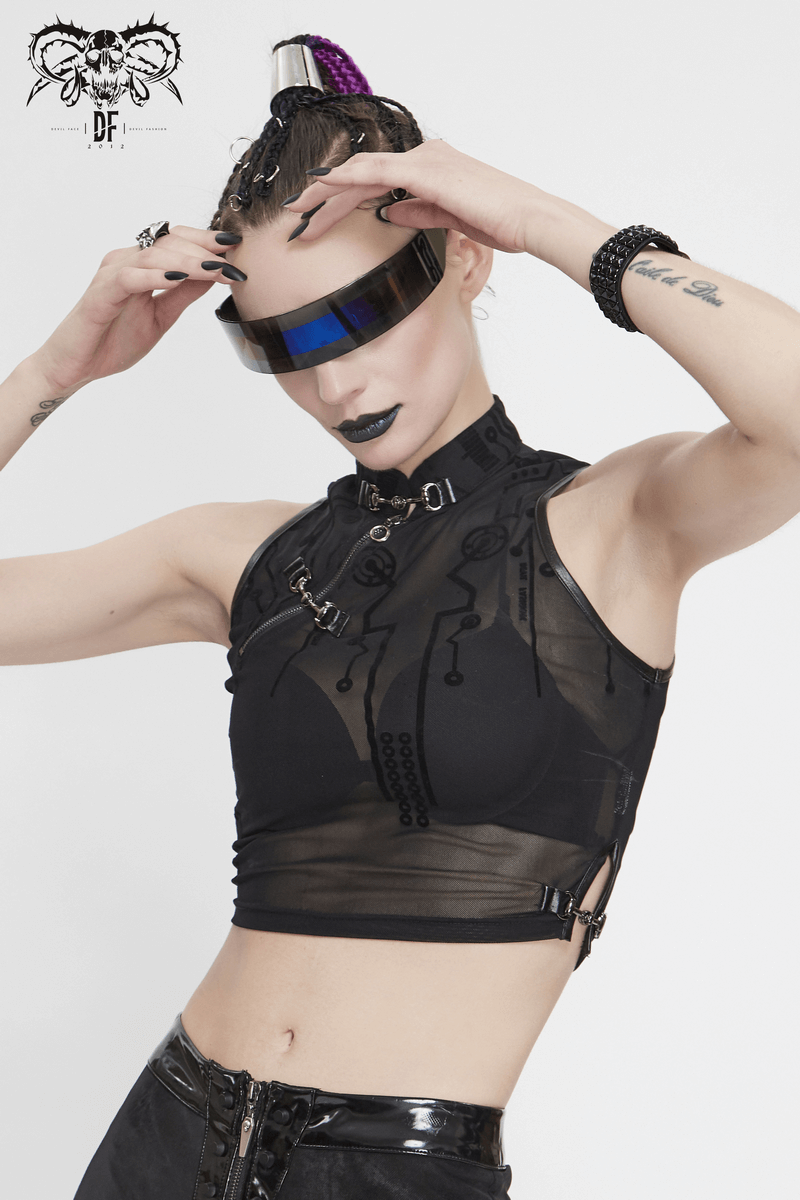 Cyberpunk Women's Sexy Transparent Crop Top with SCI-FI Flock Print