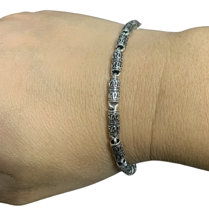 Cylindrical Bracelet with Real 925 Silver for Men and Women / Jewelry Chain with Engraving Symbols
