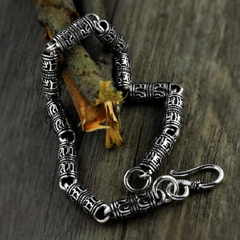 Cylindrical Bracelet with Real 925 Silver for Men and Women / Jewelry Chain with Engraving Symbols