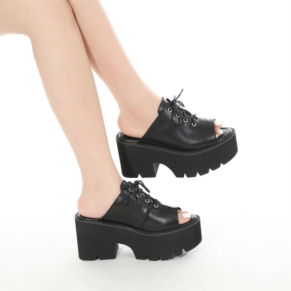 Open Toe Mules Sandals for Women / Leather Platform Black Shoes / Female Lace Up Shoes