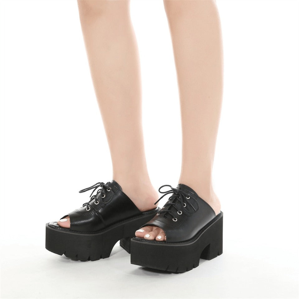 Open Toe Mules Sandals for Women / Leather Platform Black Shoes / Female Lace Up Shoes