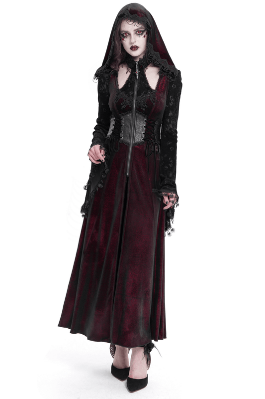 Dark Elegance Maxi Coat with Lace Sleeves and Hood