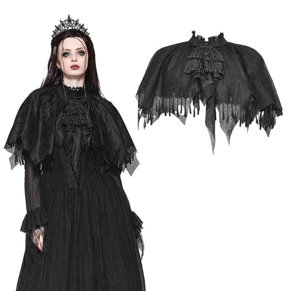 Dark Goth Fringed Cape with Lace Details for Women