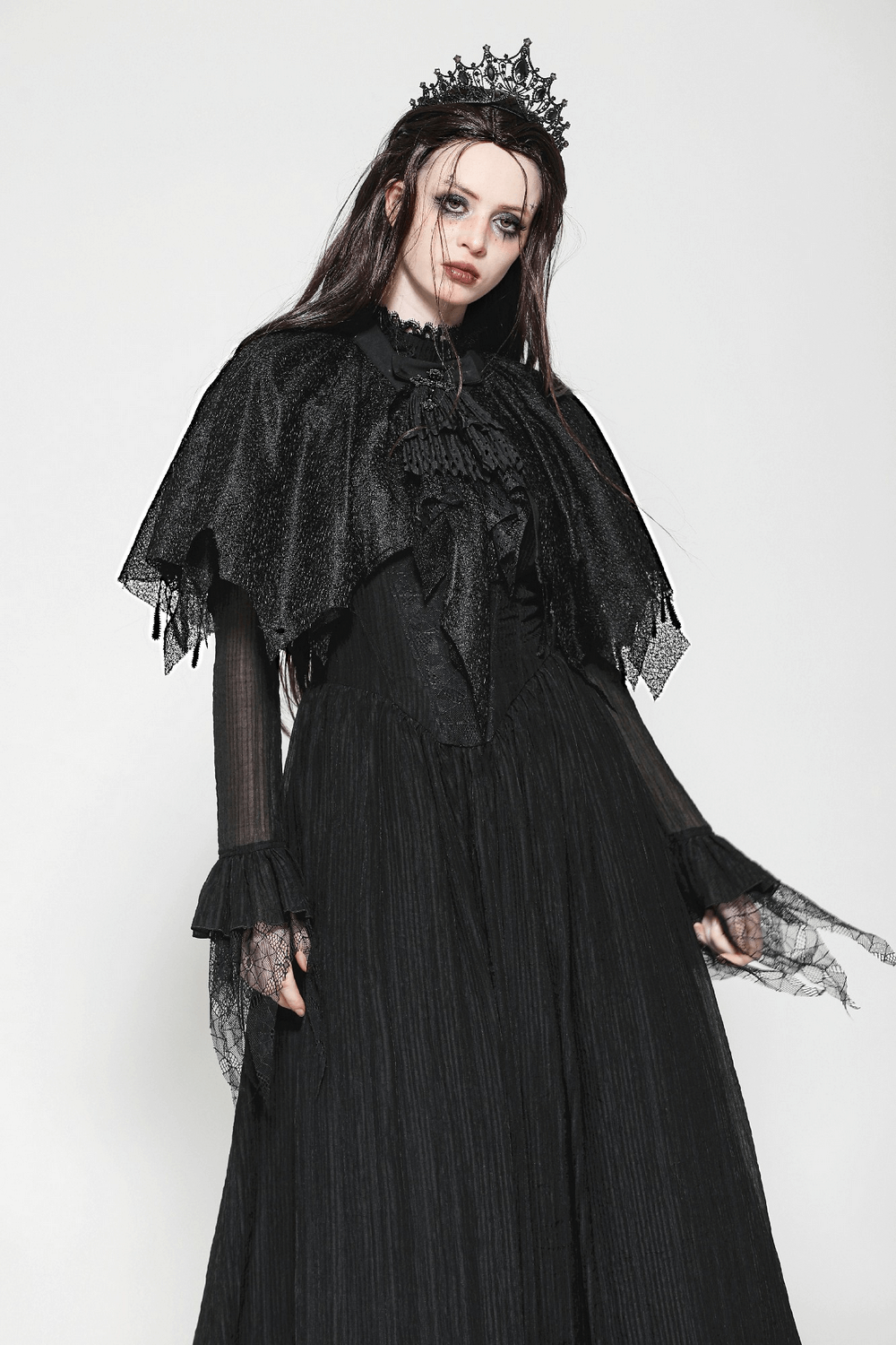 Dark Goth Fringed Cape with Lace Details for Women