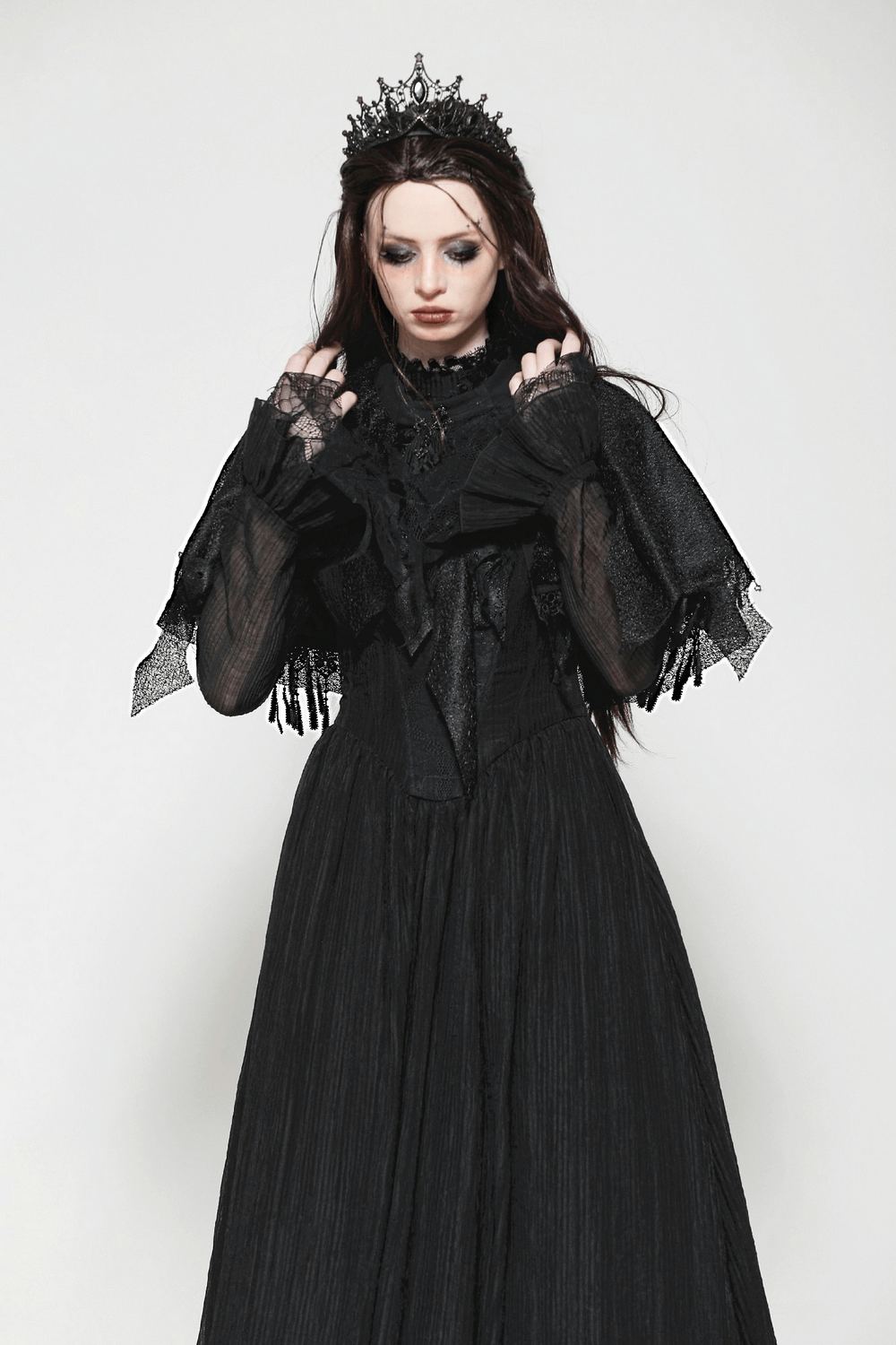 Dark Goth Fringed Cape with Lace Details for Women