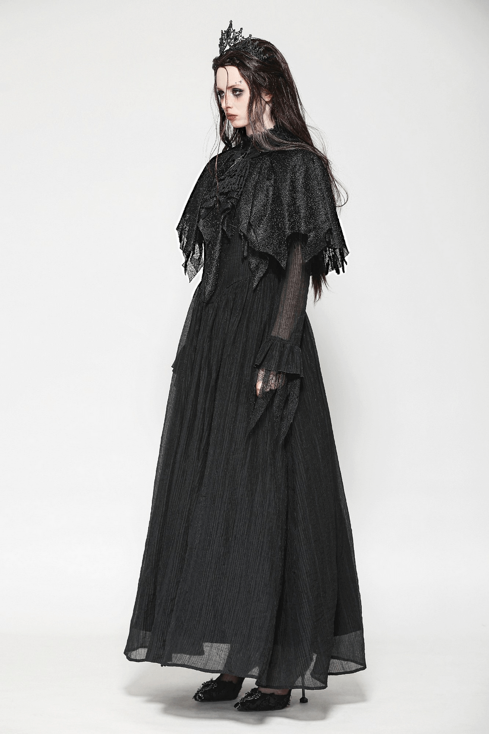 Dark Goth Fringed Cape with Lace Details for Women