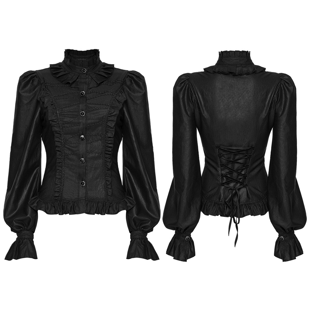 Dark Gothic Blouse with Puff Sleeves and Ruffle Details