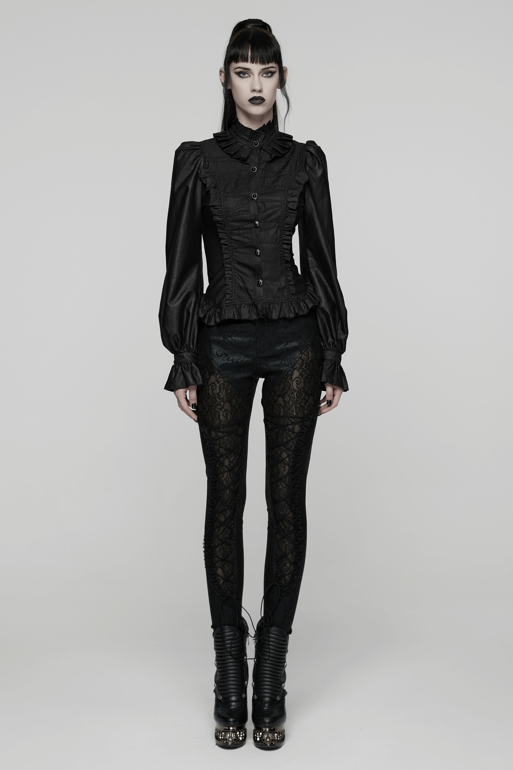 Dark Gothic Blouse with Puff Sleeves and Ruffle Details