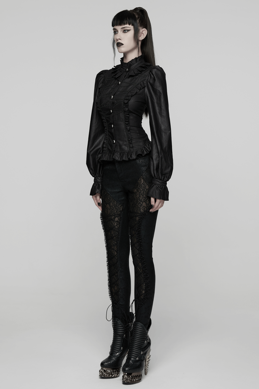 Dark Gothic Blouse with Puff Sleeves and Ruffle Details