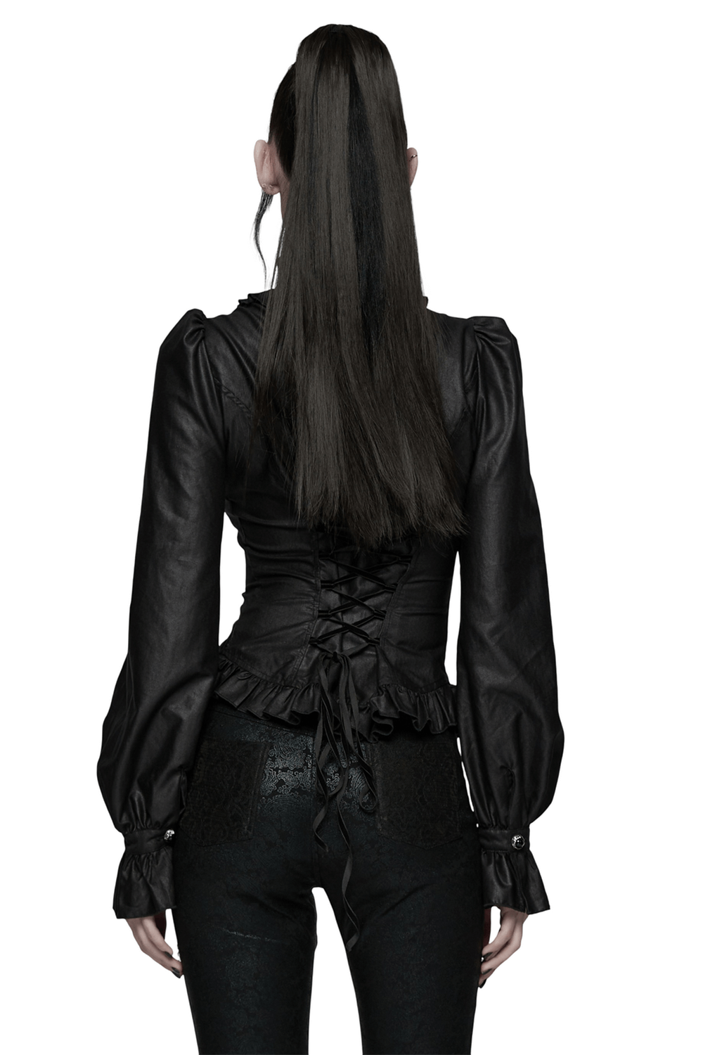 Dark Gothic Blouse with Puff Sleeves and Ruffle Details