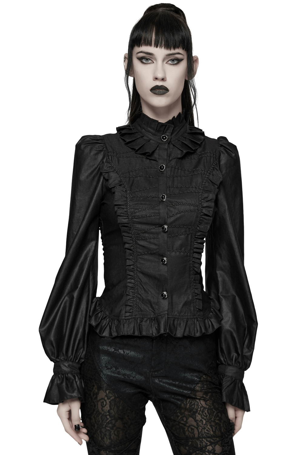 Dark Gothic Blouse with Puff Sleeves and Ruffle Details