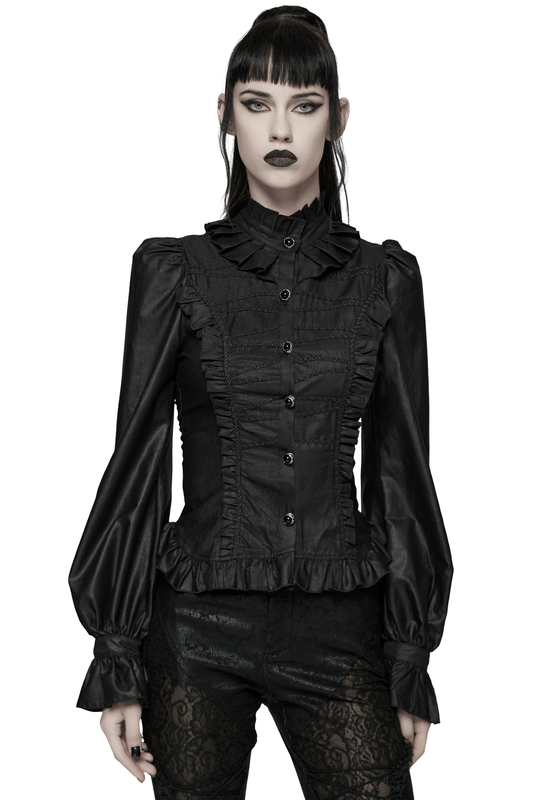 Dark Gothic Blouse with Puff Sleeves and Ruffle Details
