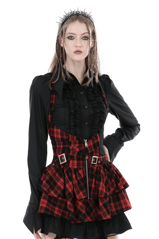Dark Gothic Buttons Ruffle Blouse With Long Sleeves