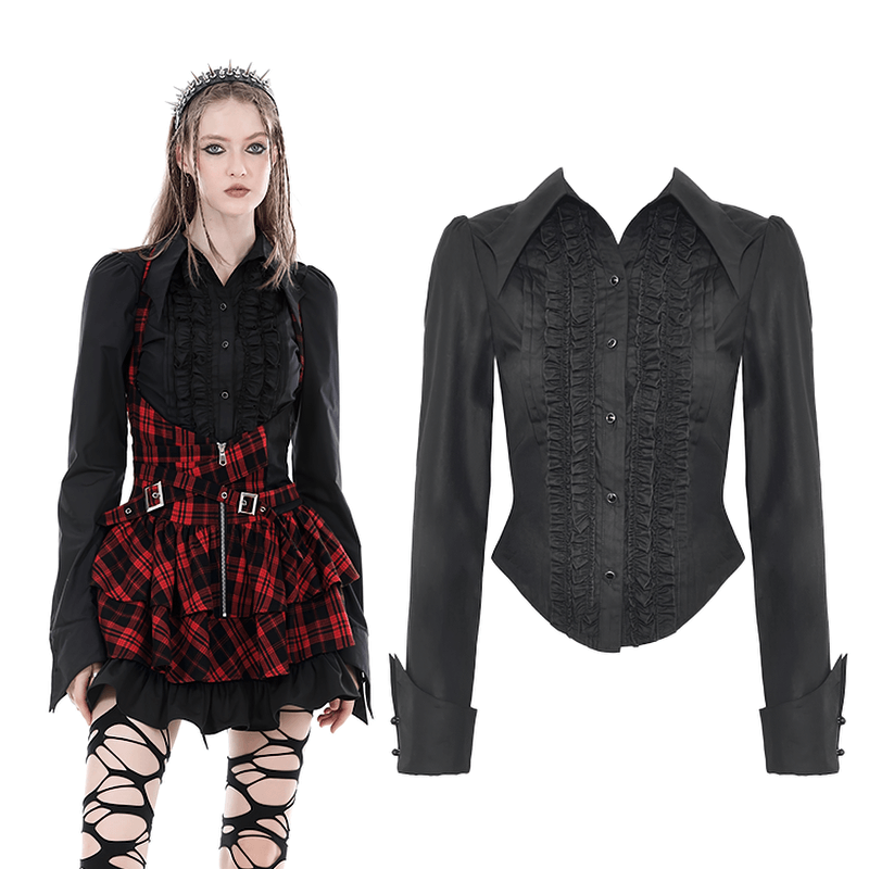 Dark Gothic Buttons Ruffle Blouse With Long Sleeves
