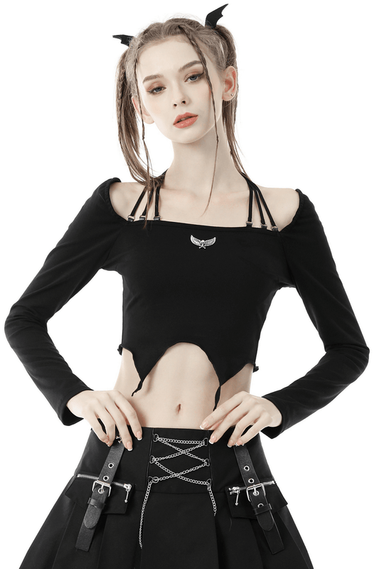 Dark Gothic Multi-Rope Halter Top with Skull and Wings