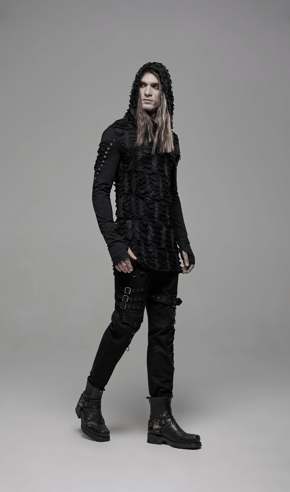 Dark Mysterious Long Sleeves Ripped Hoodie With Lace Up