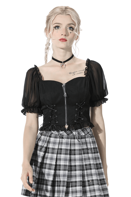 Dark Punk Metal Zip Crop Top with Lace-Up Detailing