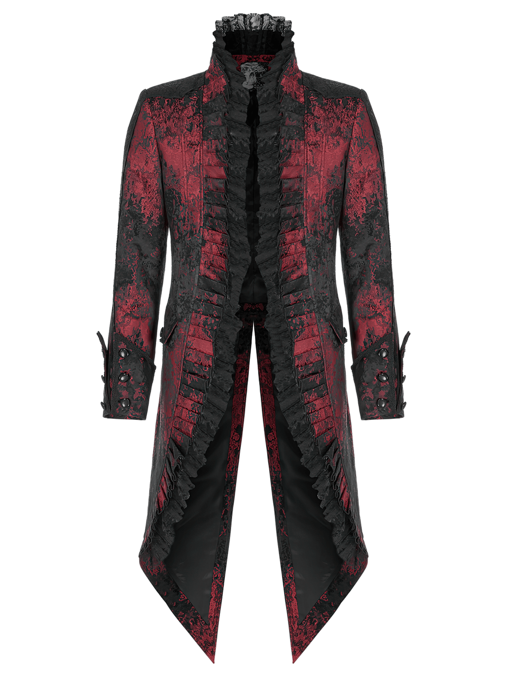 Dark Red Rococo Lace Tuxedo Coat with Ruffle Details