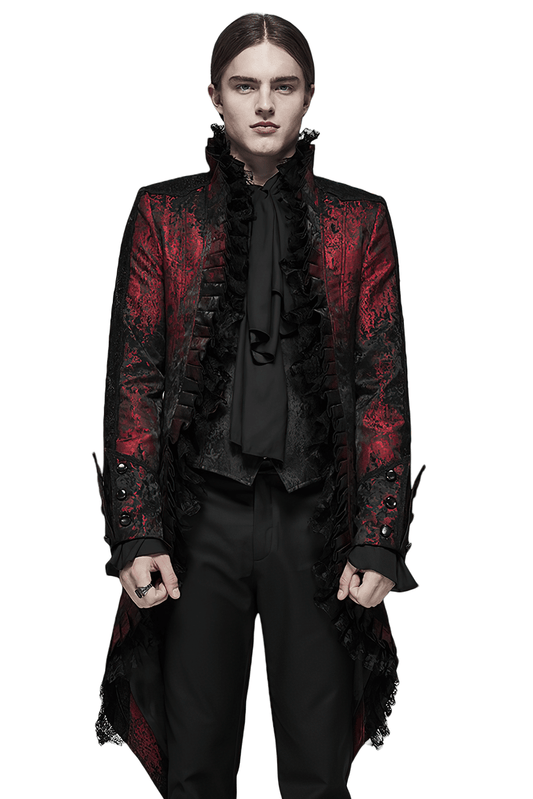 Dark Red Rococo Lace Tuxedo Coat with Ruffle Details