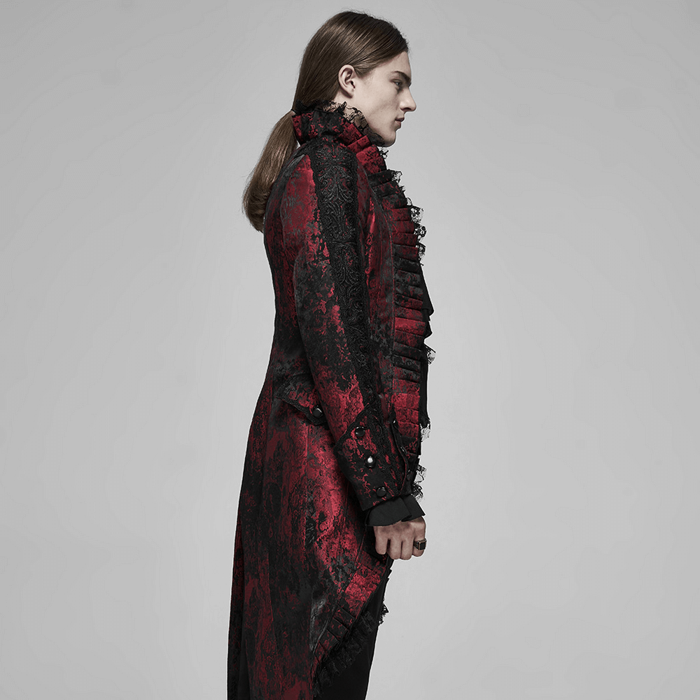 Dark Red Rococo Lace Tuxedo Coat with Ruffle Details