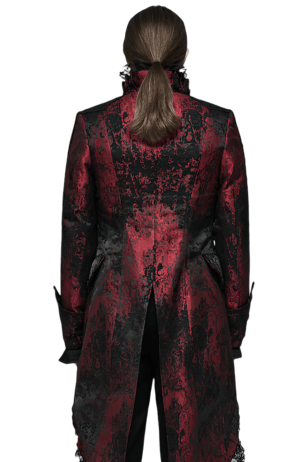 Dark Red Rococo Lace Tuxedo Coat with Ruffle Details