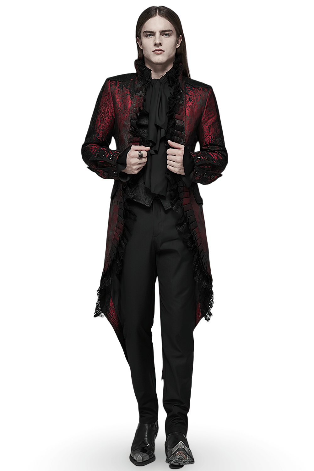 Dark Red Rococo Lace Tuxedo Coat with Ruffle Details