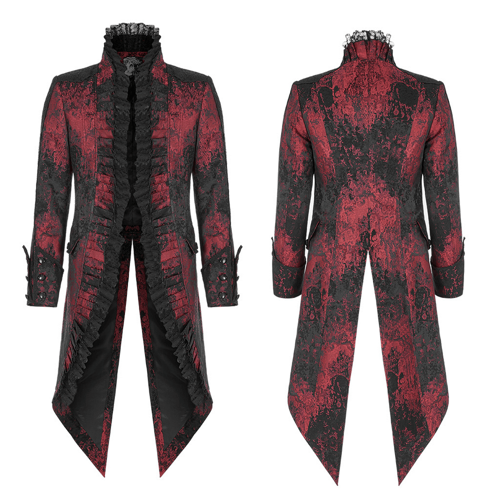 Dark Red Rococo Lace Tuxedo Coat with Ruffle Details