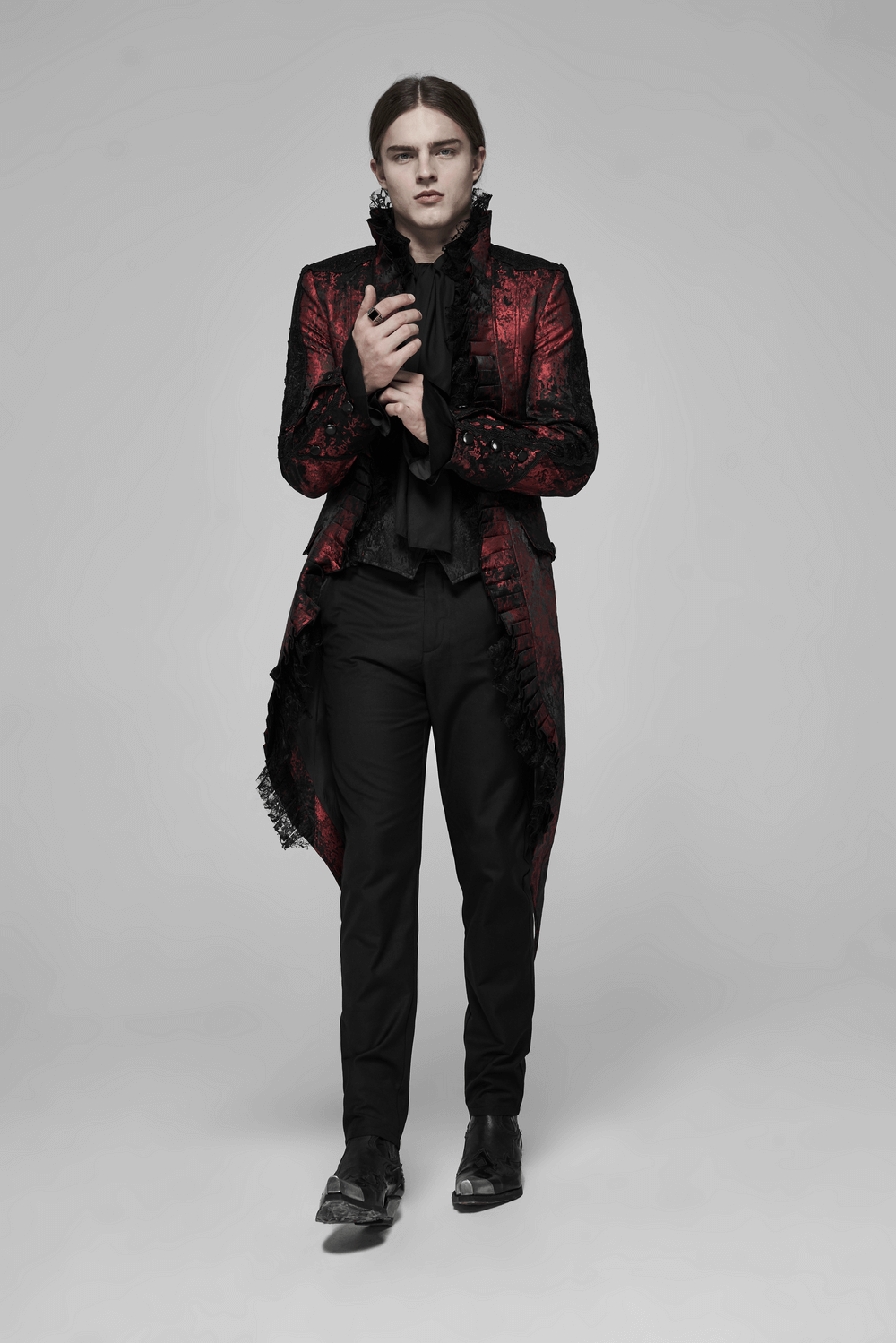 Dark Red Rococo Lace Tuxedo Coat with Ruffle Details