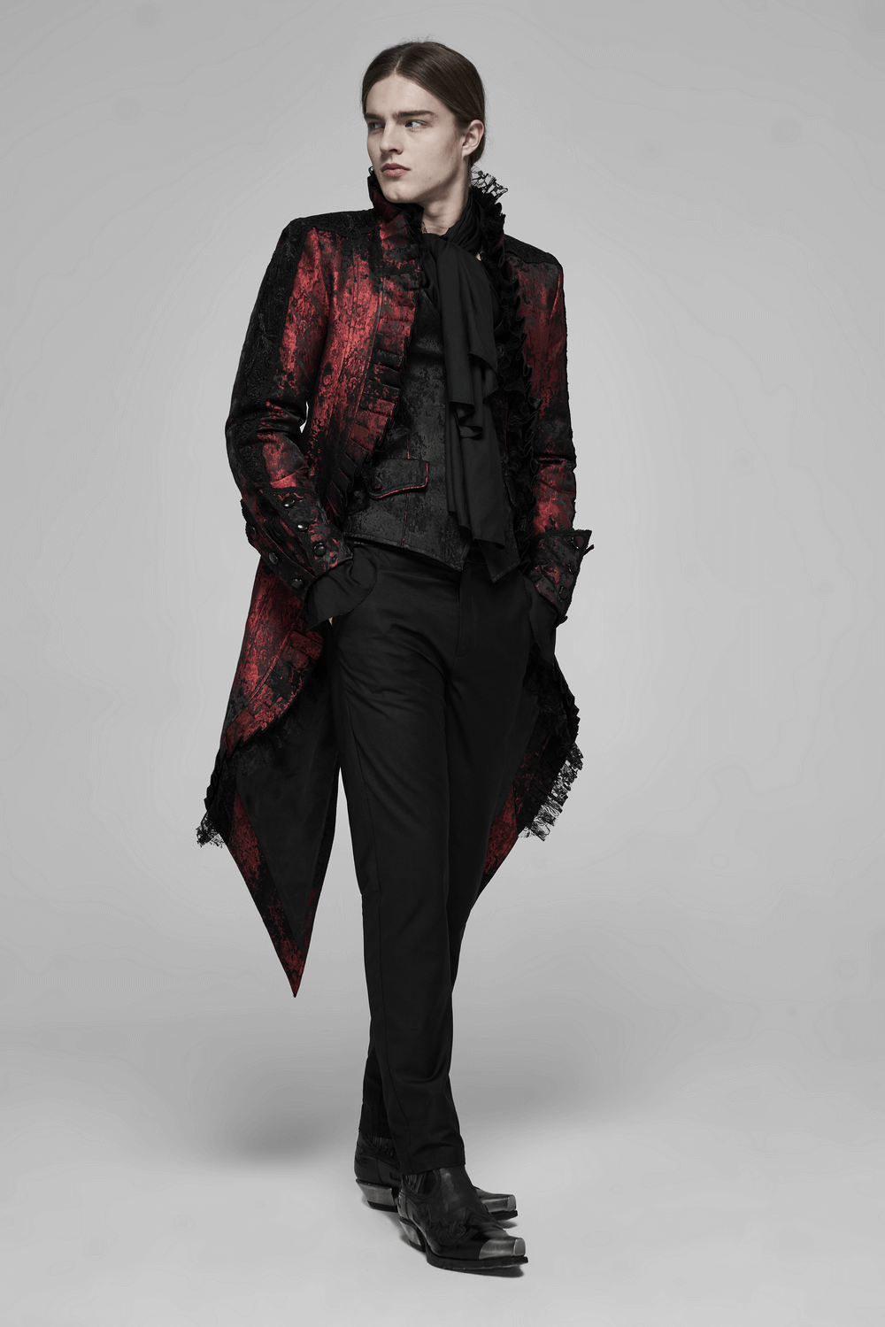 Dark Red Rococo Lace Tuxedo Coat with Ruffle Details