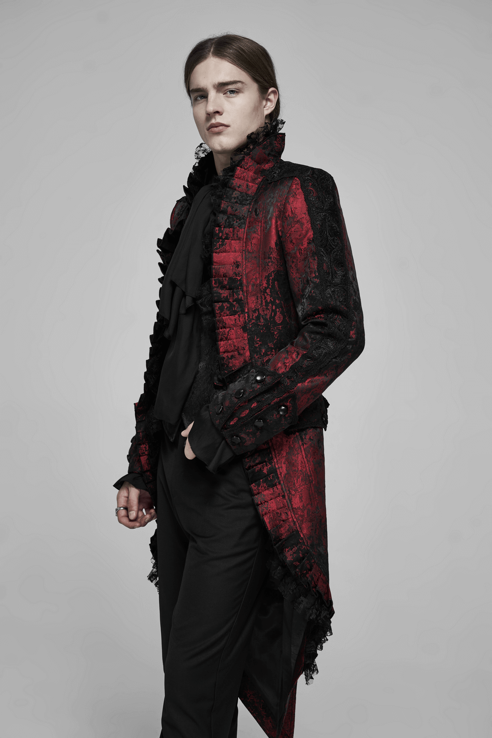 Dark Red Rococo Lace Tuxedo Coat with Ruffle Details