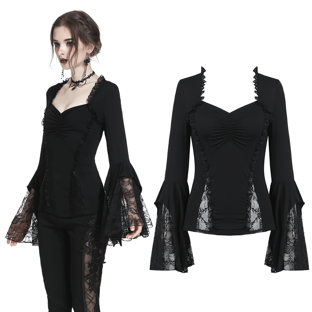 Dark Romantic Lace Top with Long and Flared Sleeves