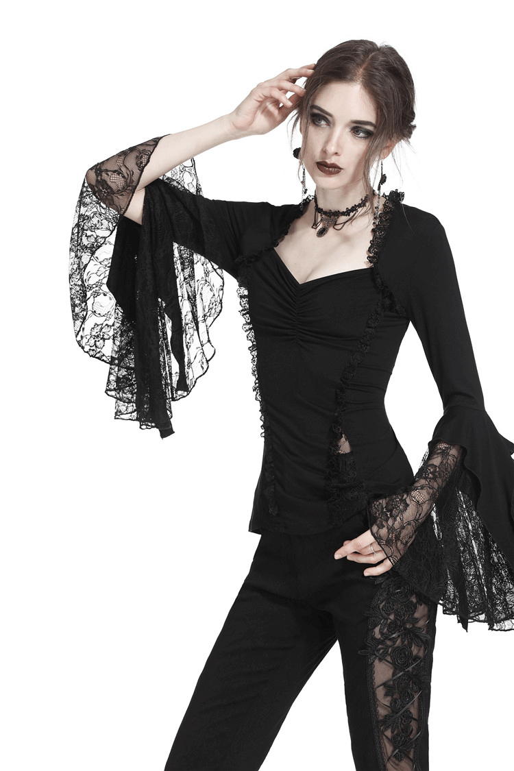 Dark Romantic Lace Top with Long and Flared Sleeves
