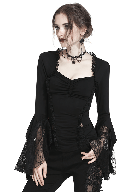Dark Romantic Lace Top with Long and Flared Sleeves