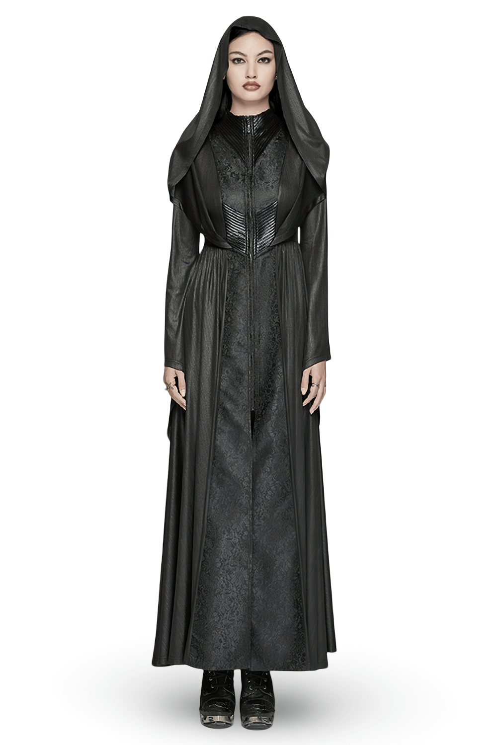 Dark Witch Long Hooded Cloak with 3D Pleats and Jacquard