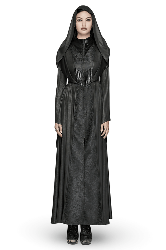 Dark Witch Long Hooded Cloak with 3D Pleats and Jacquard
