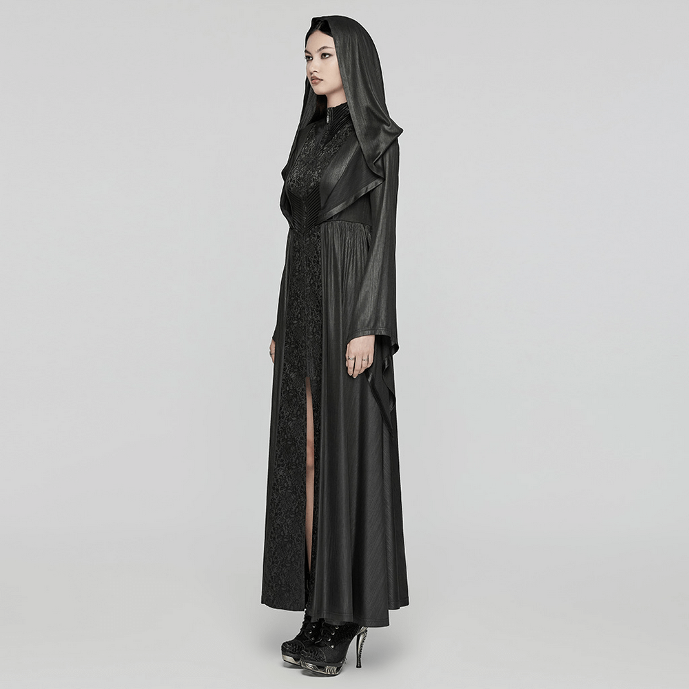 Dark Witch Long Hooded Cloak with 3D Pleats and Jacquard