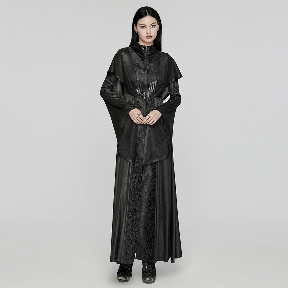 Dark Witch Long Hooded Cloak with 3D Pleats and Jacquard