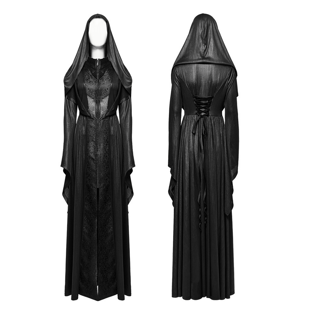 Dark Witch Long Hooded Cloak with 3D Pleats and Jacquard