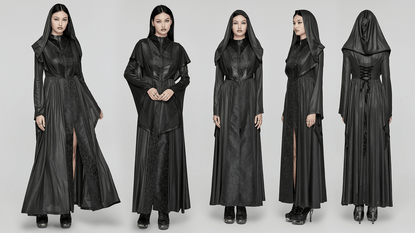 Dark Witch Long Hooded Cloak with 3D Pleats and Jacquard