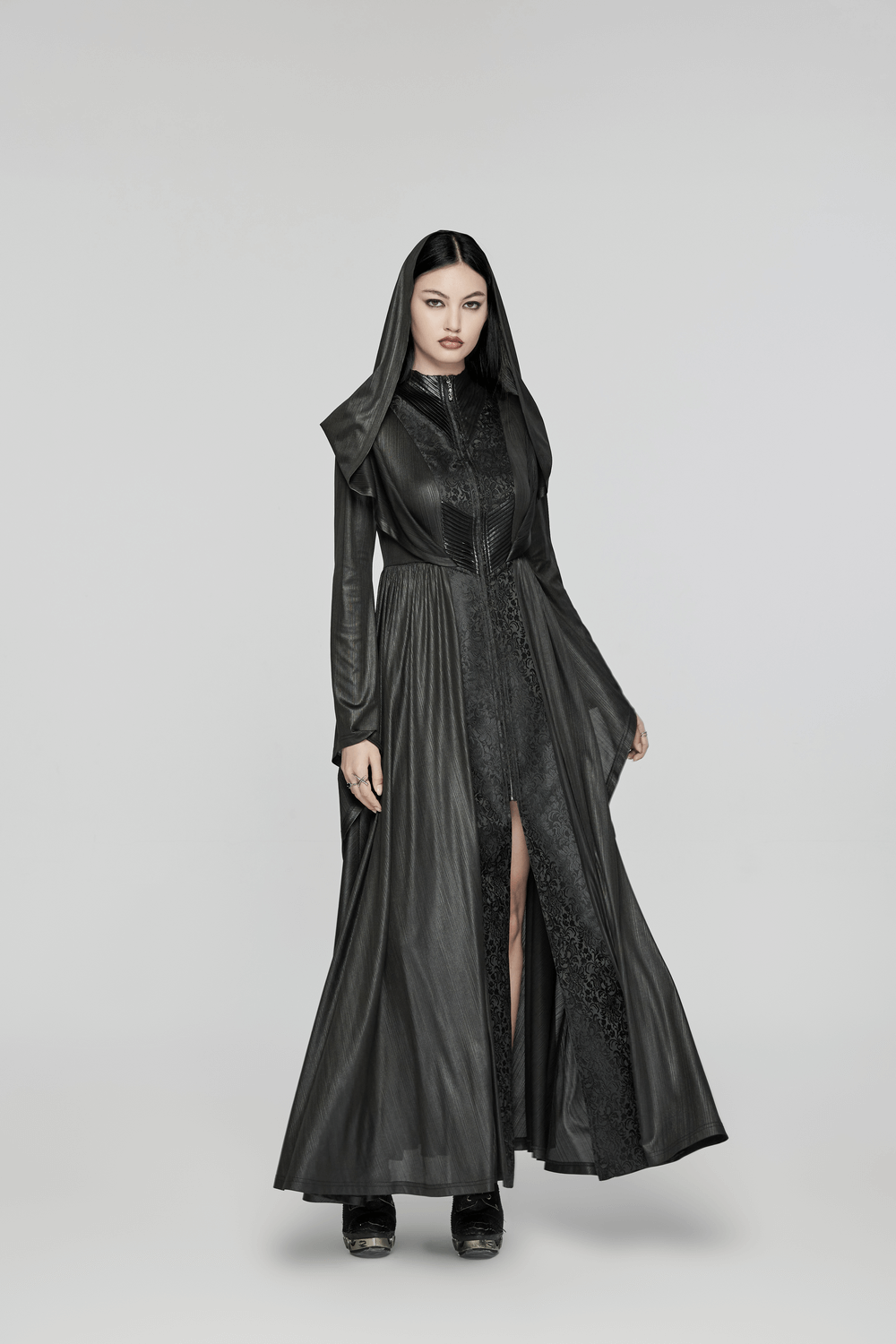 Dark Witch Long Hooded Cloak with 3D Pleats and Jacquard