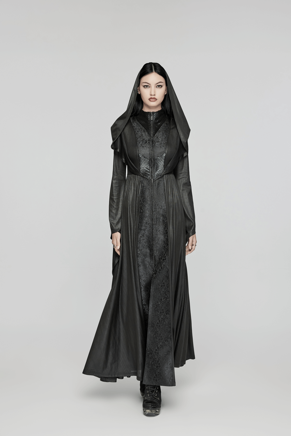 Dark Witch Long Hooded Cloak with 3D Pleats and Jacquard