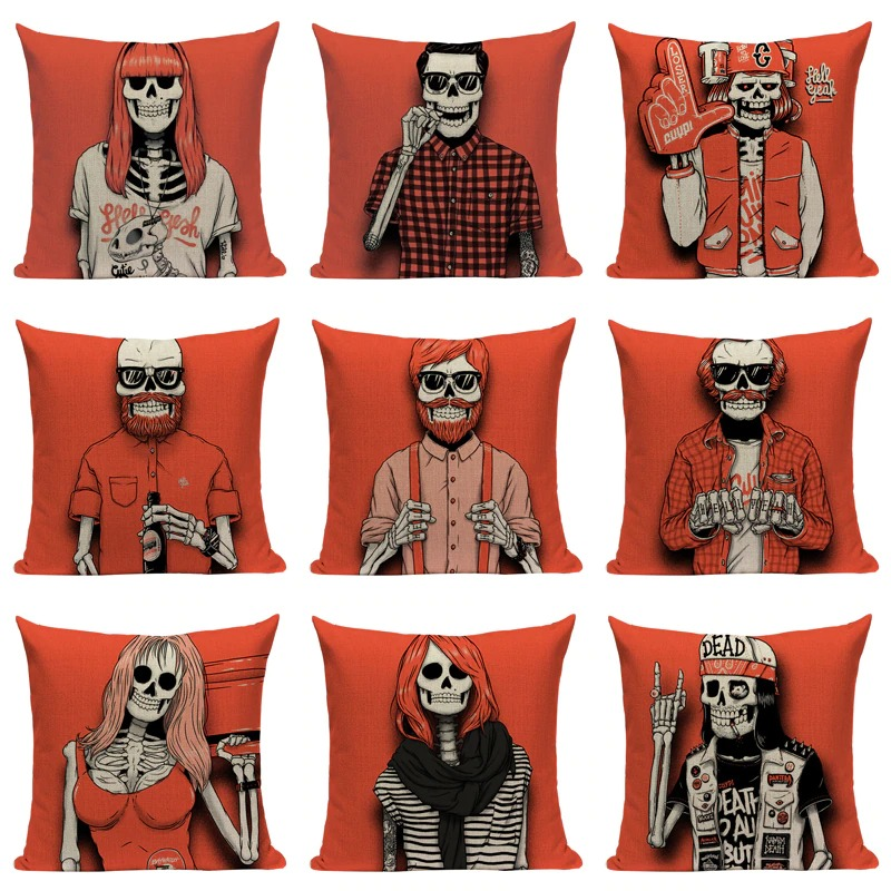 Decorative Pillowcase with Cartoon Skull Print / Square Cotton Pillow with Zipper