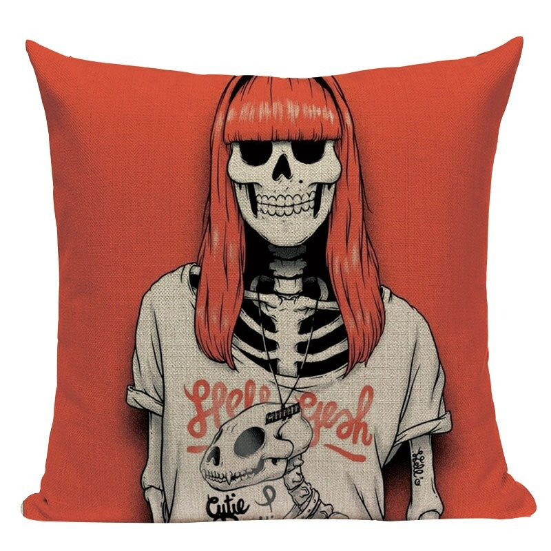 Decorative Pillowcase with Cartoon Skull Print / Square Cotton Pillow with Zipper
