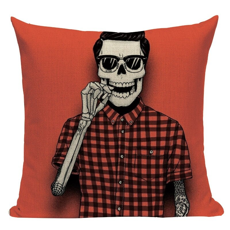 Decorative Pillowcase with Cartoon Skull Print / Square Cotton Pillow with Zipper