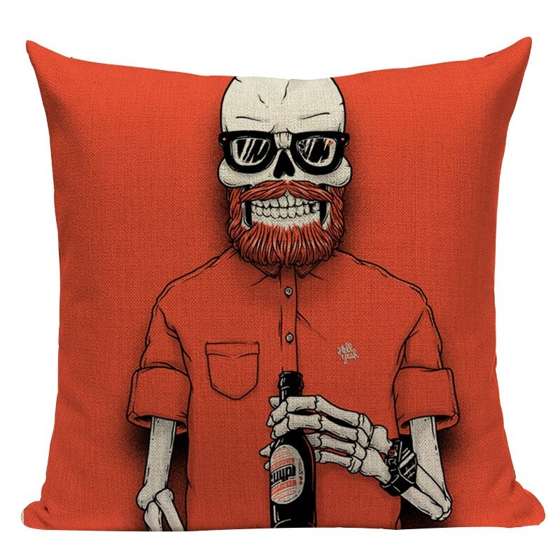Decorative Pillowcase with Cartoon Skull Print / Square Cotton Pillow with Zipper