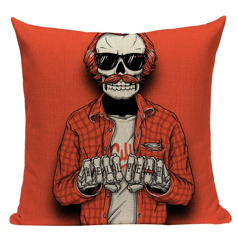Decorative Pillowcase with Cartoon Skull Print / Square Cotton Pillow with Zipper